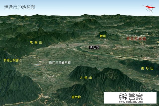 高清3D地图，广东省六大内陆市：清远、肇庆、河源、韶关、梅州