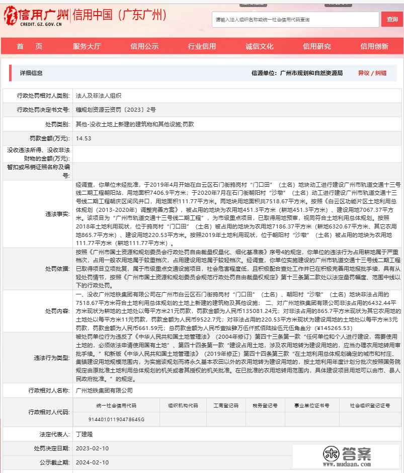 广州地铁集团有限公司因违背了《中华人民共和疆土地办理法》被惩罚