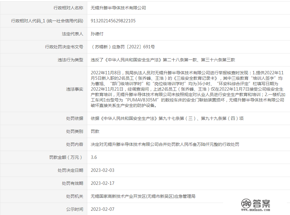 无锡升滕半导体手艺有限公司因违背《中华人民共和国平安消费法》被惩罚