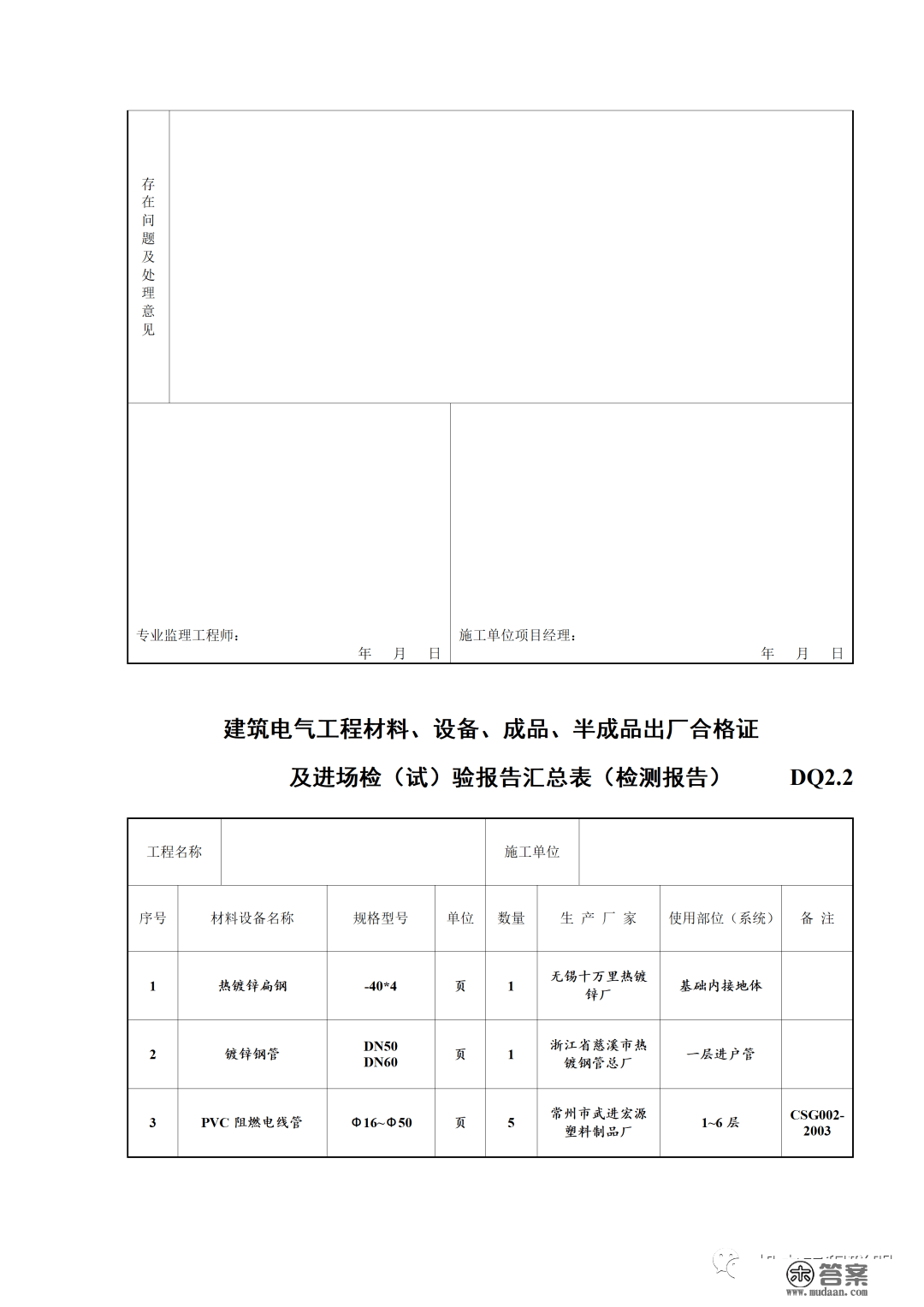 建筑电气施工量量验收表格规范