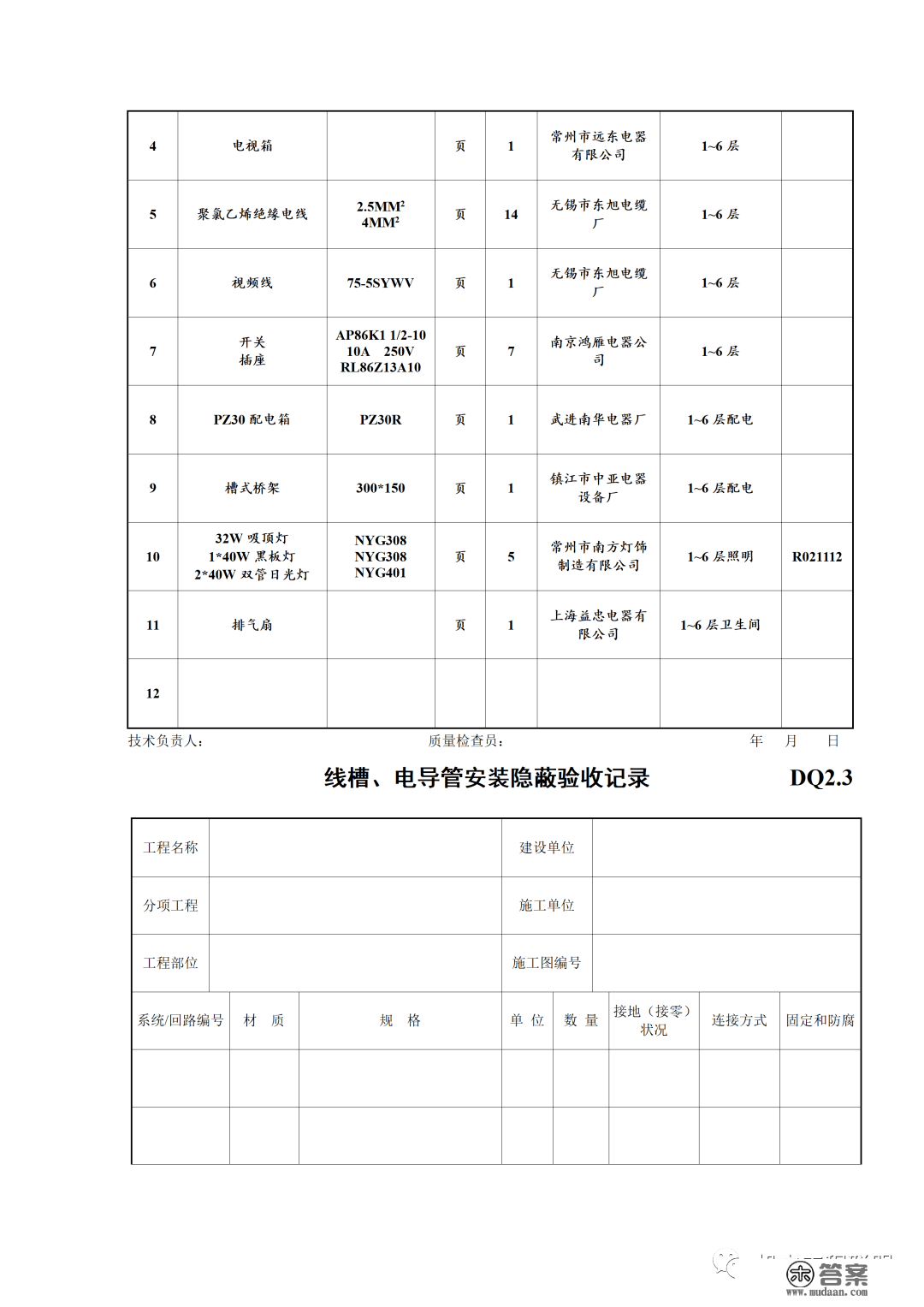 建筑电气施工量量验收表格规范