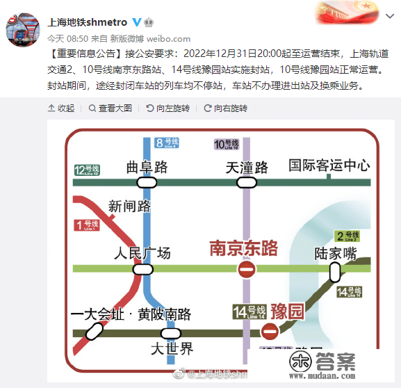 上海地铁：12月31日20时起至运营完毕，那几个站点施行封站