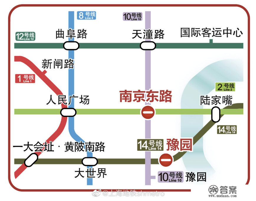 【便民】今天16:00起至运营完毕，上海轨道交通2、10号线南京东路站、14号线豫园站施行封站