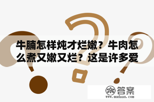 牛腩怎样炖才烂嫩？牛肉怎么煮又嫩又烂？这是许多爱好美食的人们关注的问题。下面，我们来详细解答这个问题，并给出一些烹饪技巧。