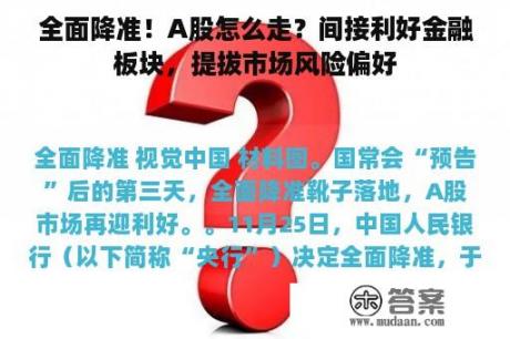 全面降准！A股怎么走？间接利好金融板块，提拔市场风险偏好