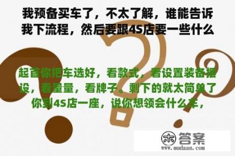 我预备买车了，不太了解，谁能告诉我下流程，然后要跟4S店要一些什么赠品？