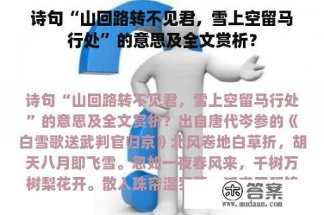 诗句“山回路转不见君，雪上空留马行处”的意思及全文赏析？