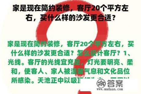 家是现在简约装修，客厅20个平方左右，买什么样的沙发更合适？