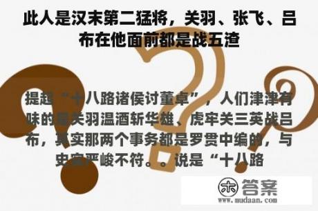 此人是汉末第二猛将，关羽、张飞、吕布在他面前都是战五渣