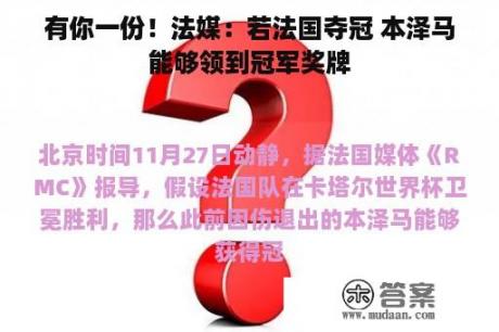 有你一份！法媒：若法国夺冠 本泽马能够领到冠军奖牌