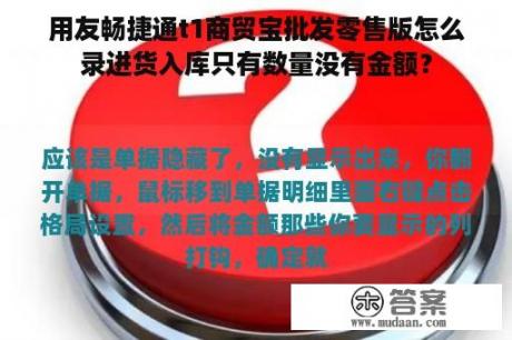 用友畅捷通t1商贸宝批发零售版怎么录进货入库只有数量没有金额？