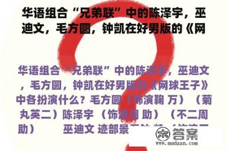 华语组合“兄弟联”中的陈泽宇，巫迪文，毛方圆，钟凯在好男版的《网球王子》中各扮演什么？巫迪文、钟凯、毛方圆、陈泽宇、李易峰、马天宇、王传君、鹿晗、尼坤、炎亚纶、辰亦儒谁的名气最高，能排个序吗？