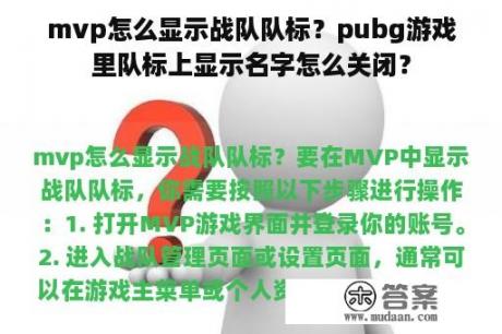 mvp怎么显示战队队标？pubg游戏里队标上显示名字怎么关闭？