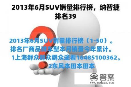 2013年6月SUV销量排行榜，纳智捷排名39