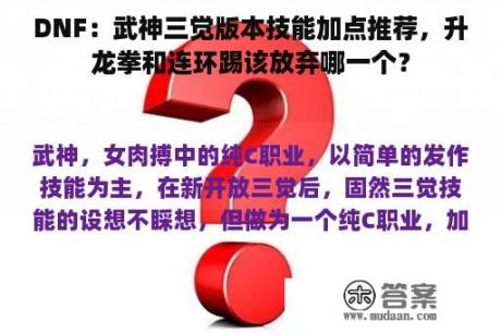 DNF：武神三觉版本技能加点推荐，升龙拳和连环踢该放弃哪一个？